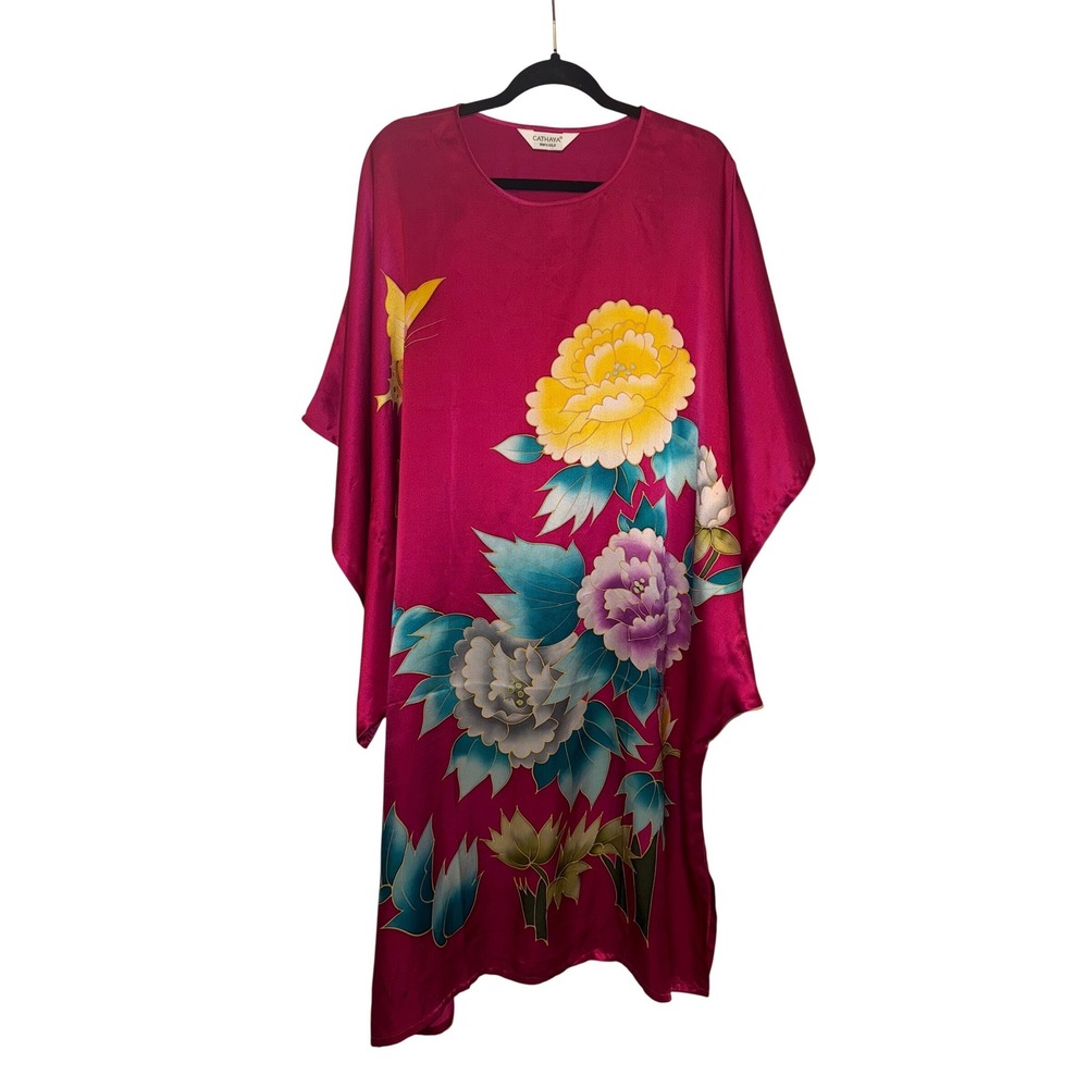 Vintage Cathaya 100% Silk Kimono Robe Kaftan Butterfly‎ Floral Hand Painted